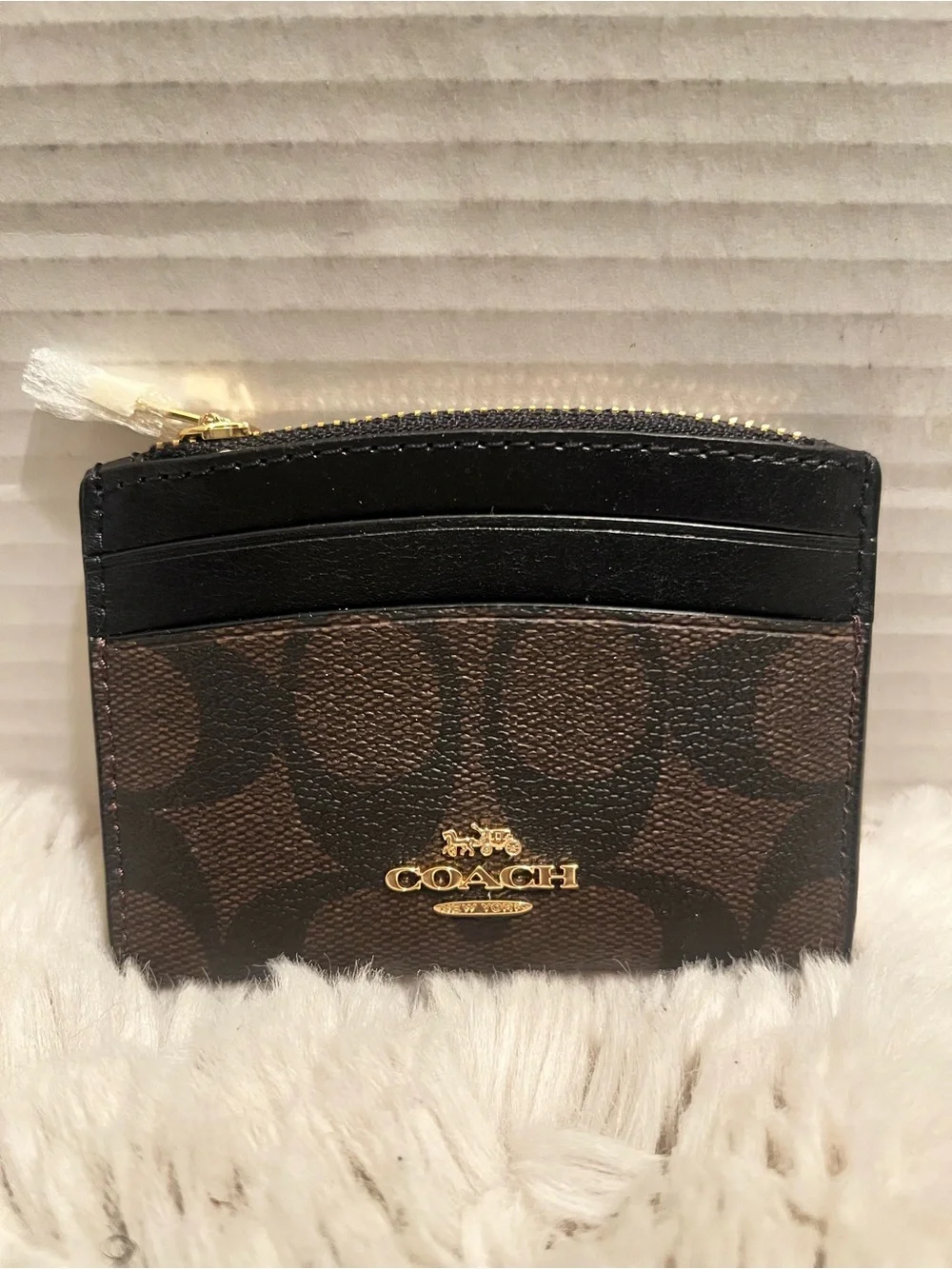 Coach Brown and Black Signature Card Holder with Gold Logo